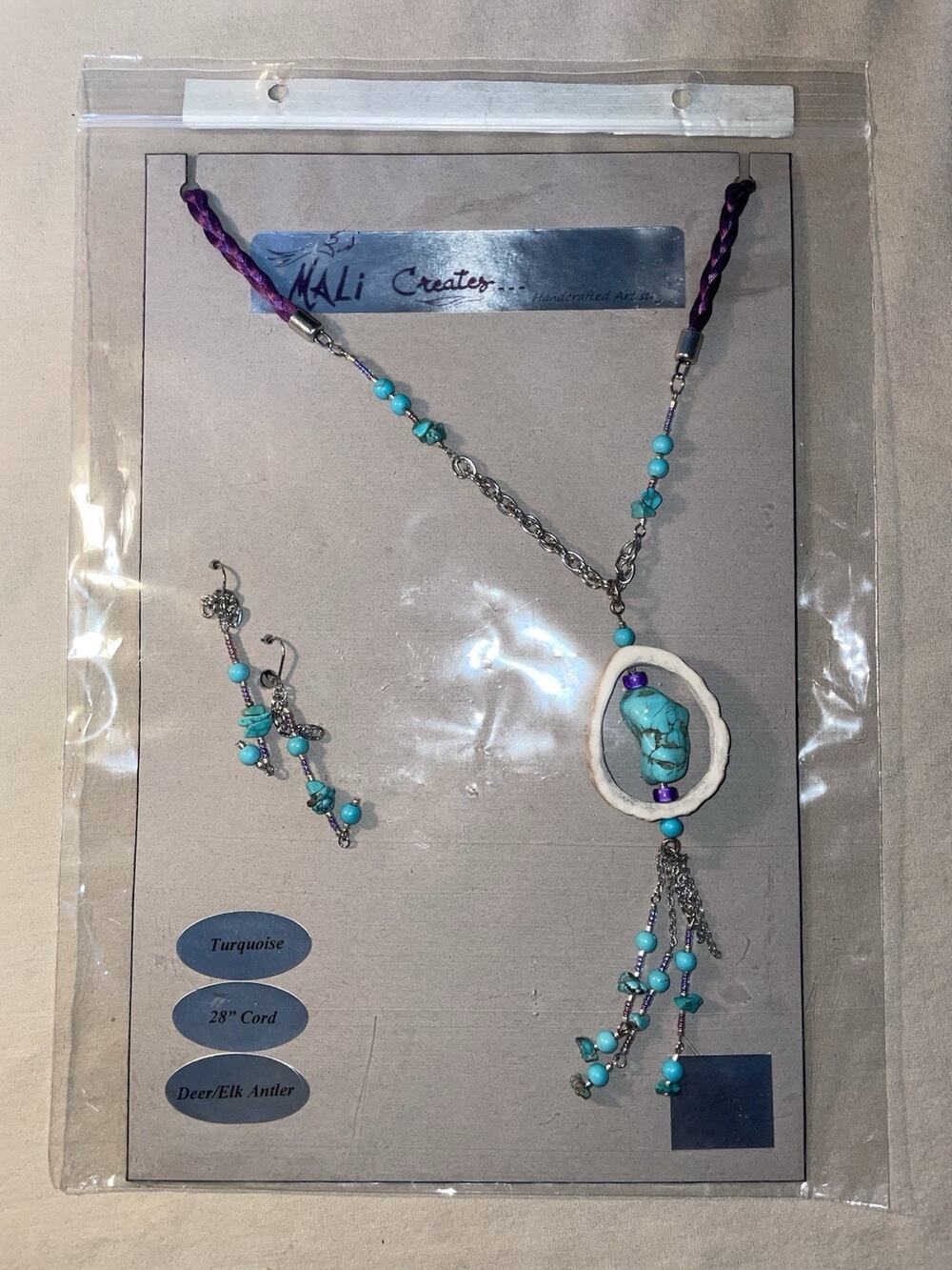 Hand Crafted Artistry Elk Antler Turquoise 28” Cord Native Earring And Necklace